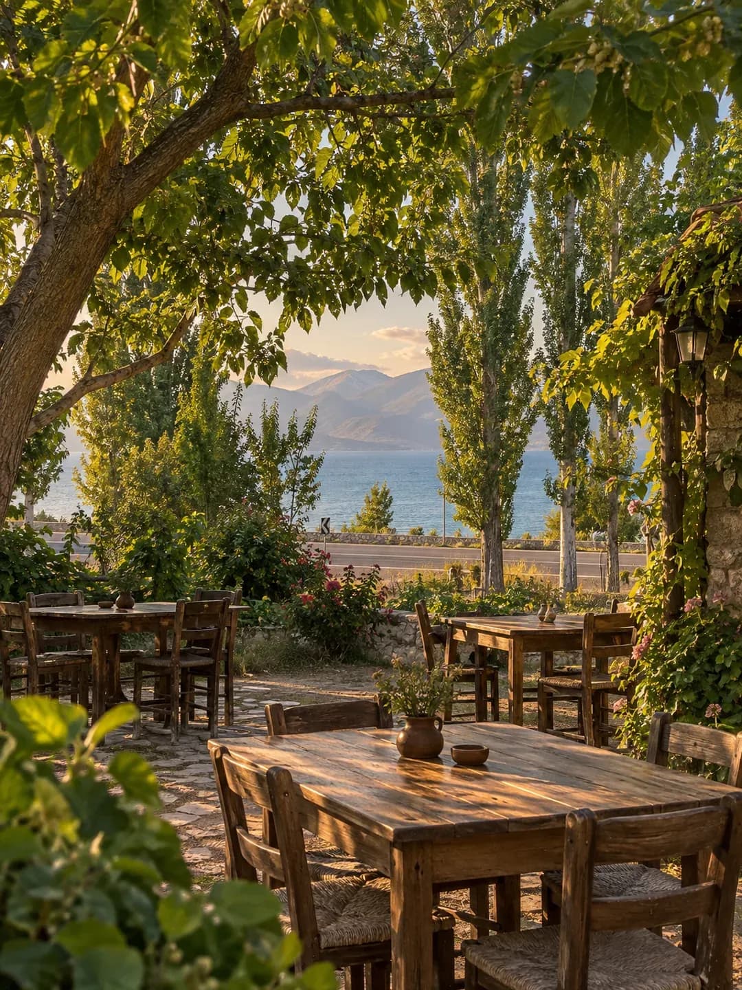 Göl manzaralı yeşil bir bahçeden ilham alan temsili atmosfer
