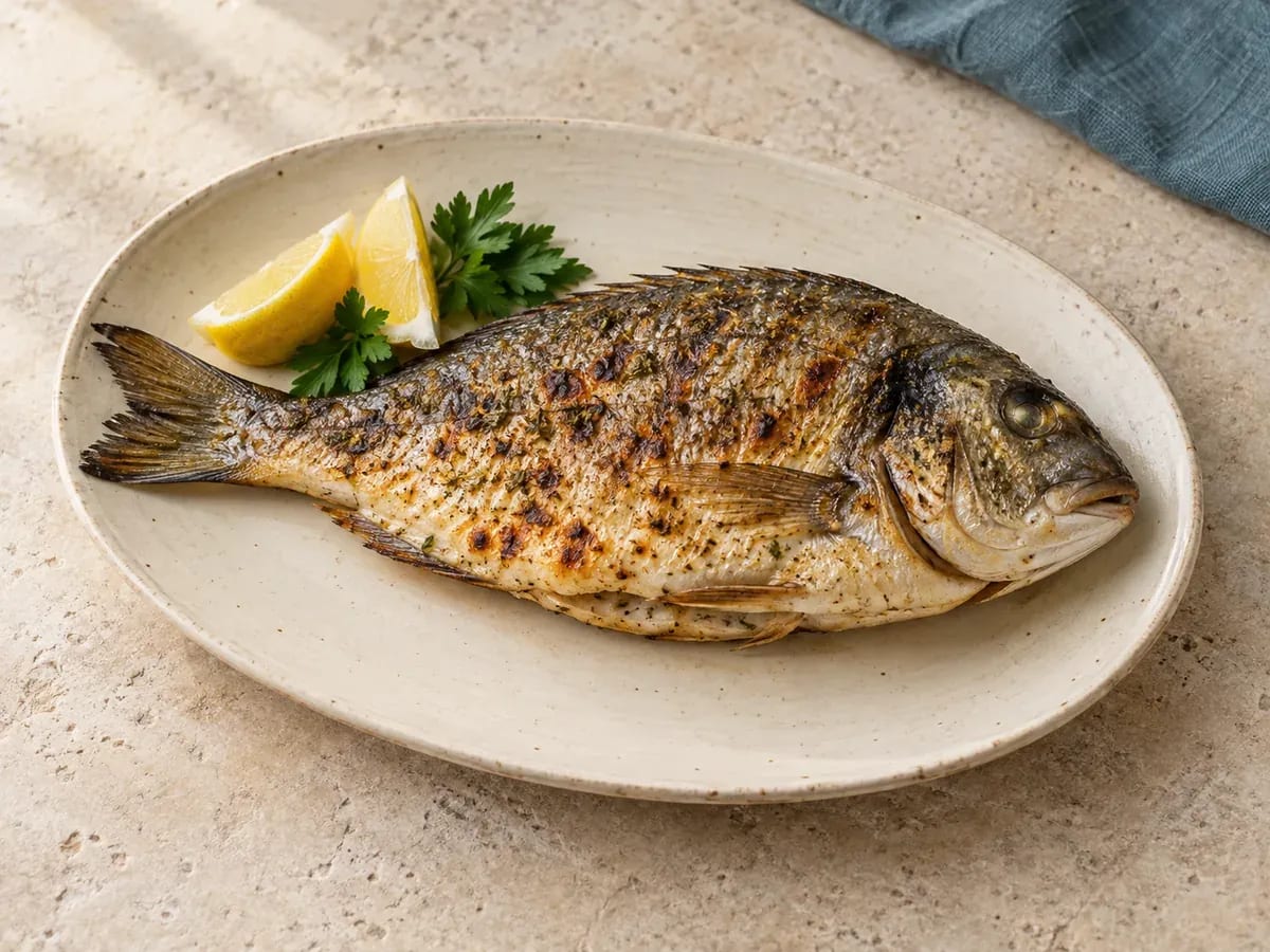 Limon eşliğinde pişmiş çupra; temsili ürün fotoğrafı