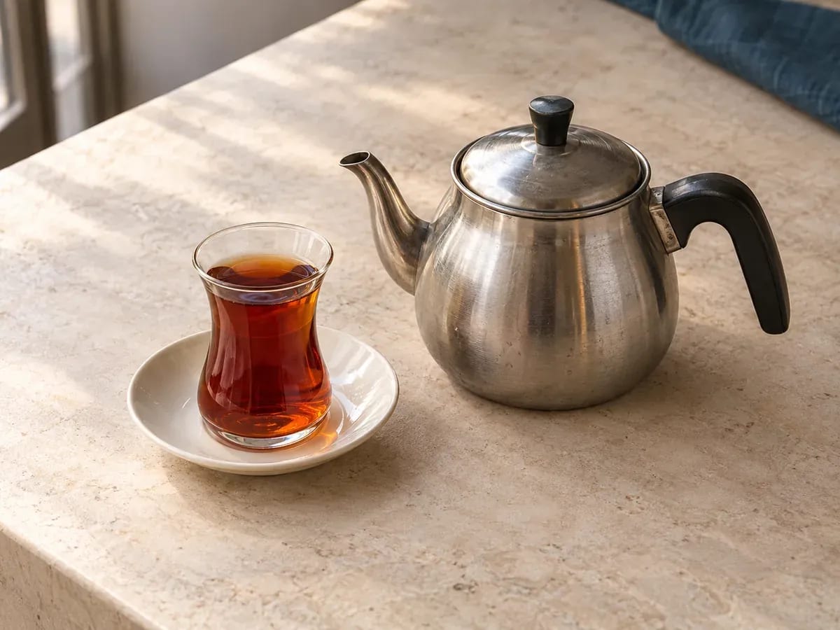 Demlik ve ince belli bardakta çayın temsili fotoğrafı