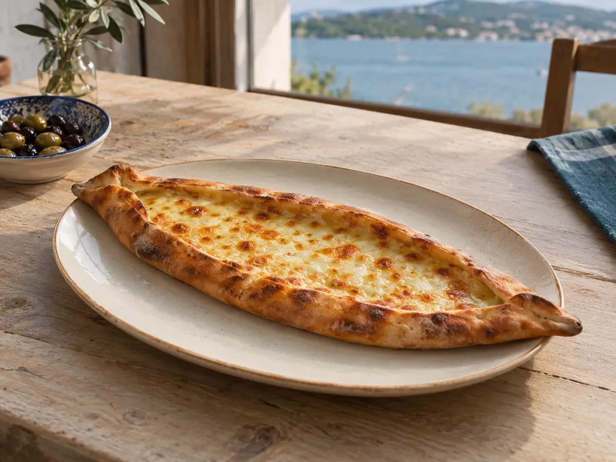 Altın renkli kaşarlı pide; temsili sunum
