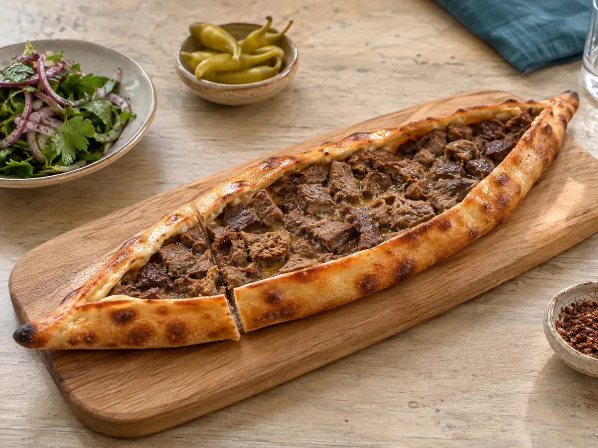 Yavaş pişmiş et dolgulu kavurmalı pide; temsili sunum