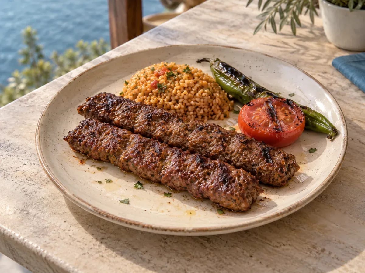 Izgara kebap, bulgur ve közlenmiş sebzelerle temsili sunum