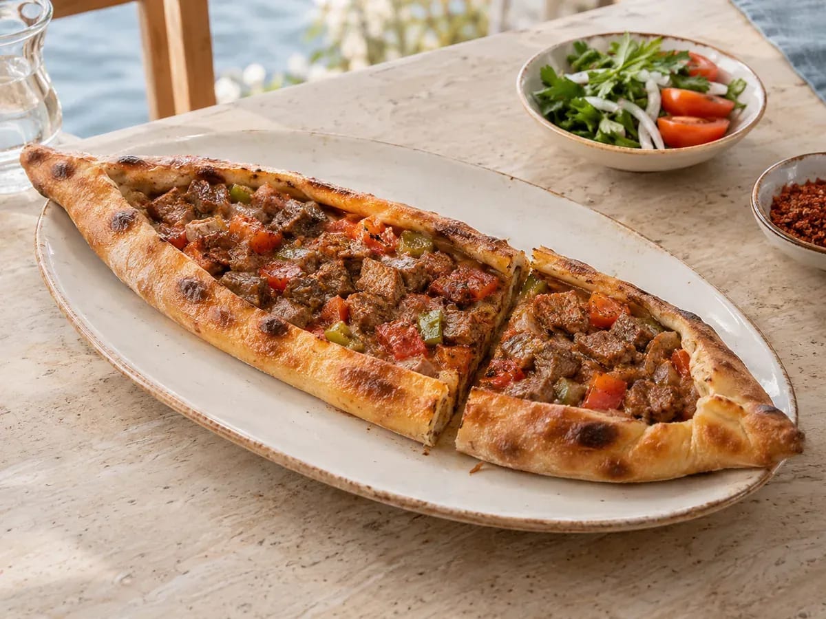 Oval seramik tabakta kuşbaşılı pide; temsili sunum