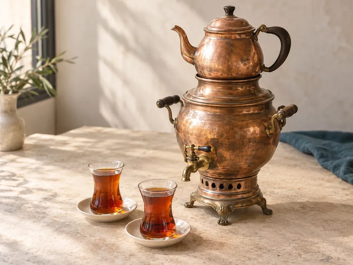Semaver ve ince belli bardaklarda çayın temsili fotoğrafı