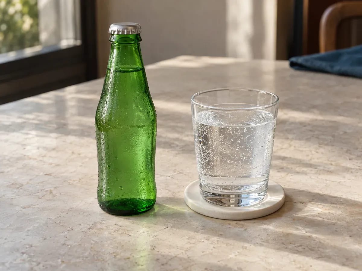 Yeşil cam şişe ve bardakta sade sodanın temsili fotoğrafı