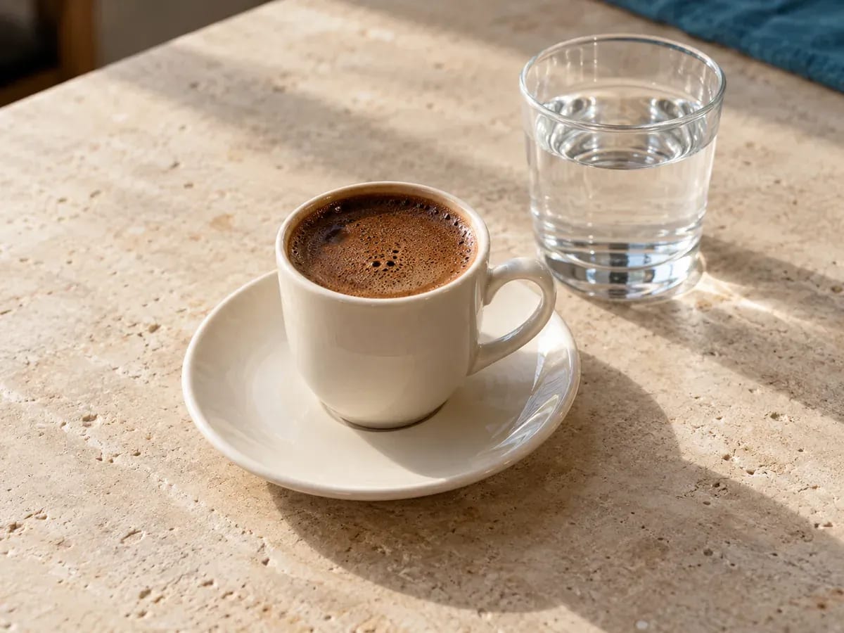 Köpüklü Türk kahvesi ve su bardağının temsili fotoğrafı